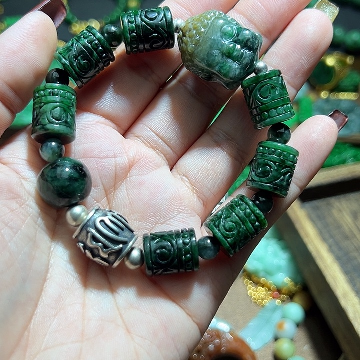 翡翠手串银S925镶嵌翡翠手串