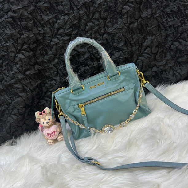 95新 MIU MIU/缪缪 缪缪雾霾蓝色小号彩宝手拎斜挎包