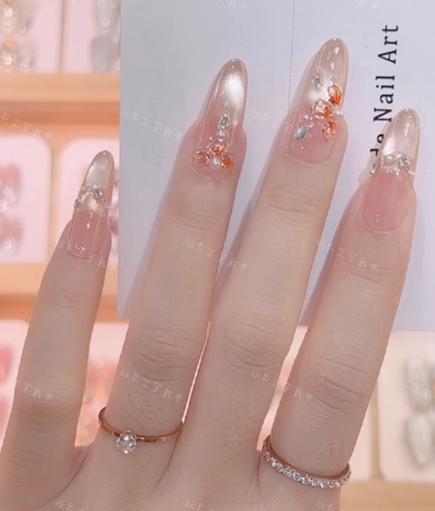 【芙蓉拌荷】纯手工掐丝珐琅玻璃珠猫眼花瓣显白气质国风穿戴甲