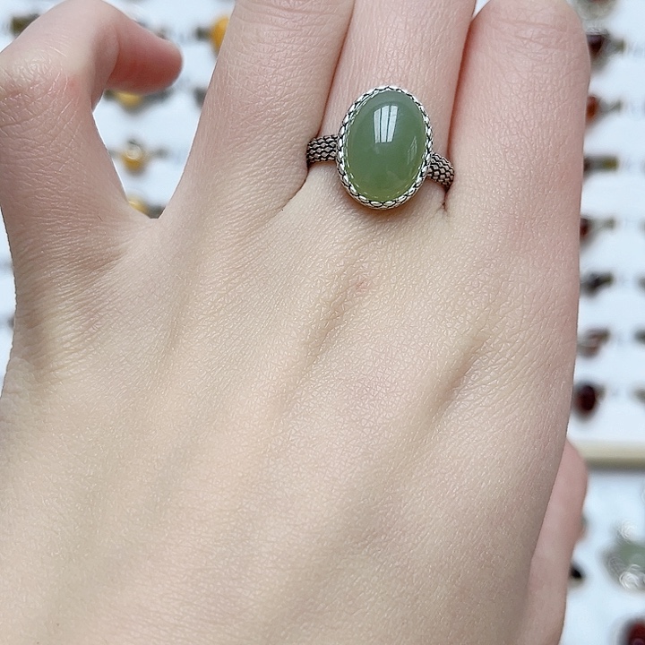 和田玉戒指银S925镶嵌天然