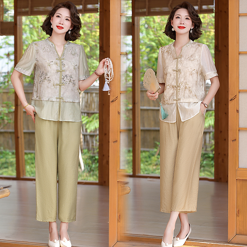 夏季新款妈妈装两件套新中式短袖上衣复古气质拼接中老年女士套装
