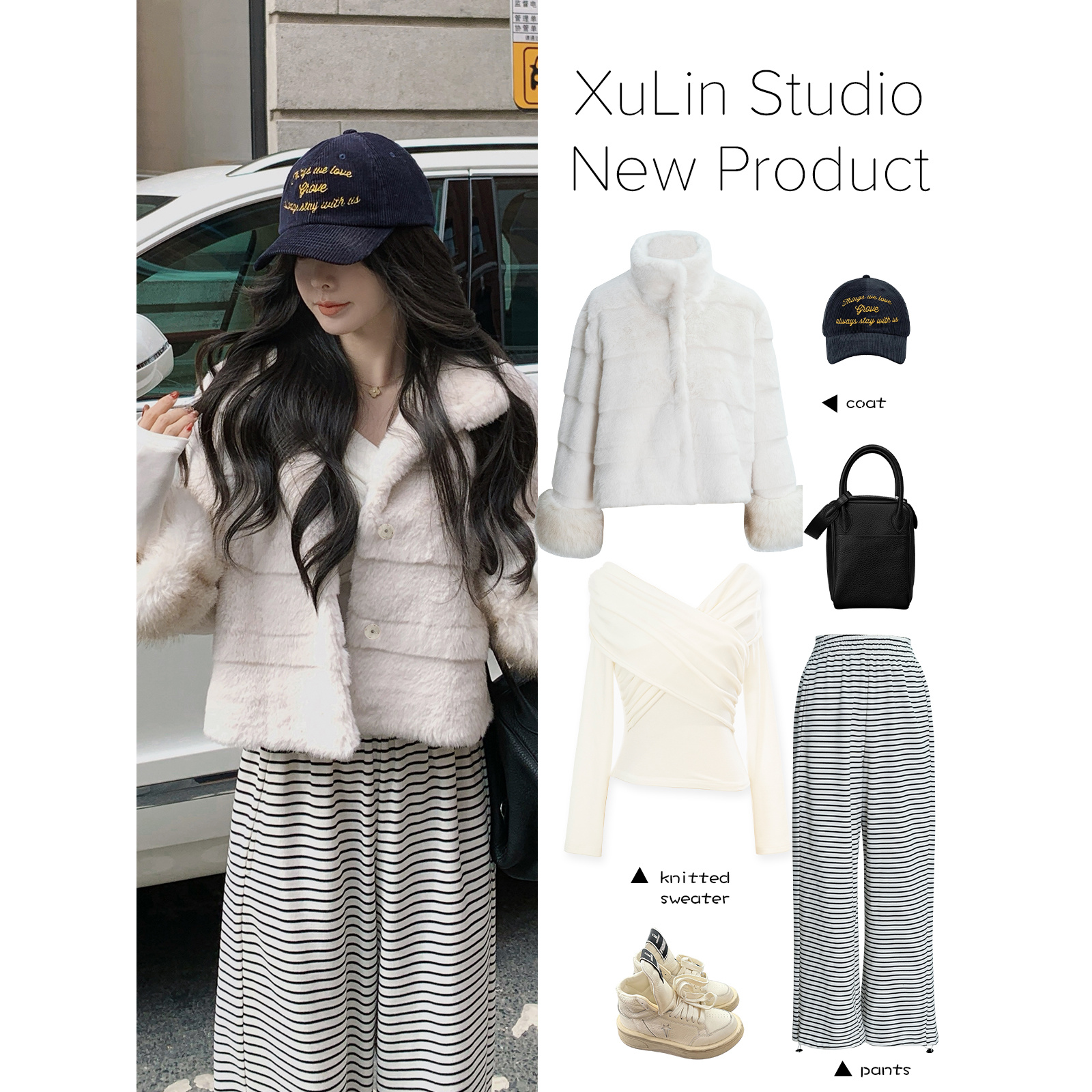 MINI STUDIO徐琳「柔软雪宝」立体毛毛横纹仿貂绒外套x240658