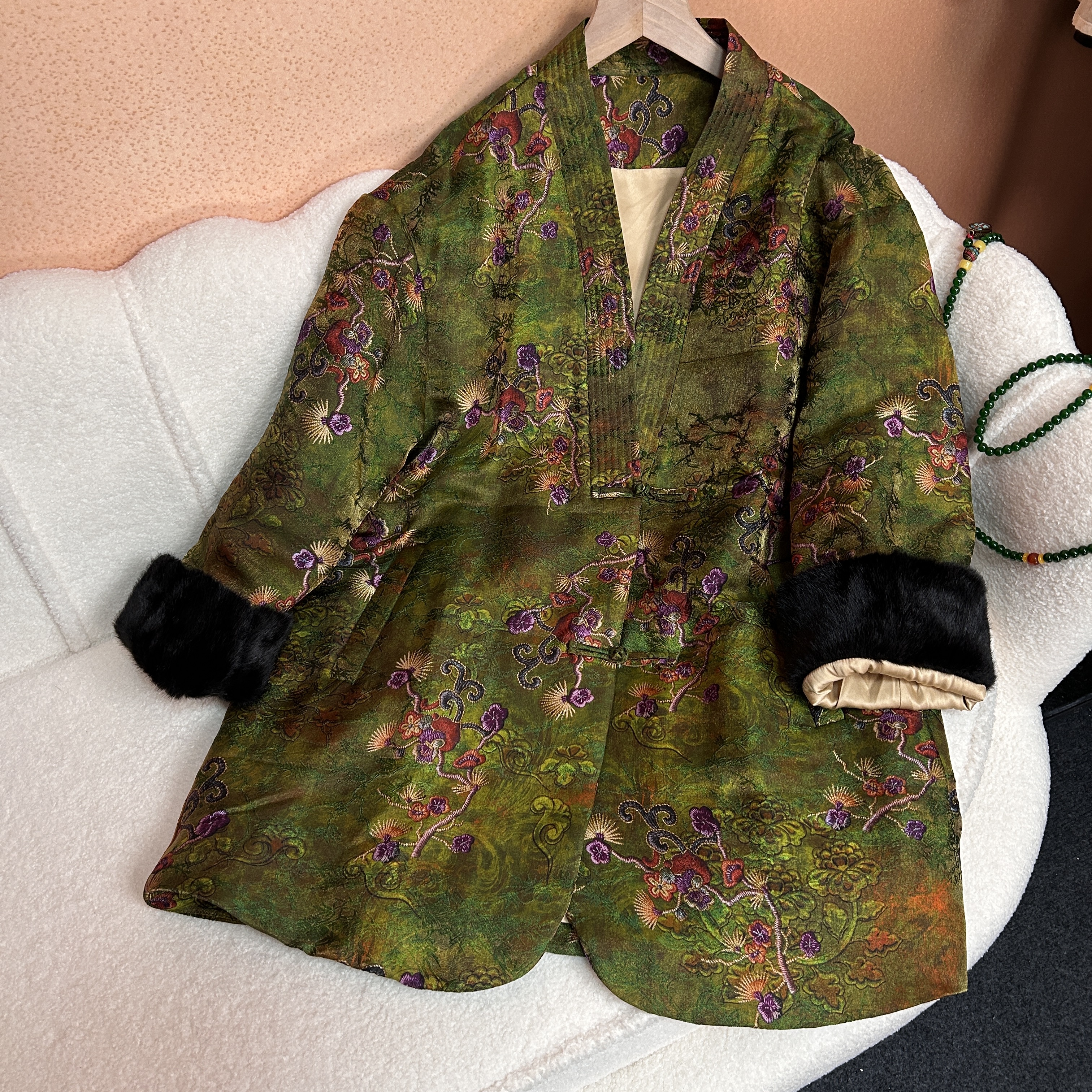【繁花锦绣】厚款上衣唐装中式休闲时尚绿色国风重工冬季长款