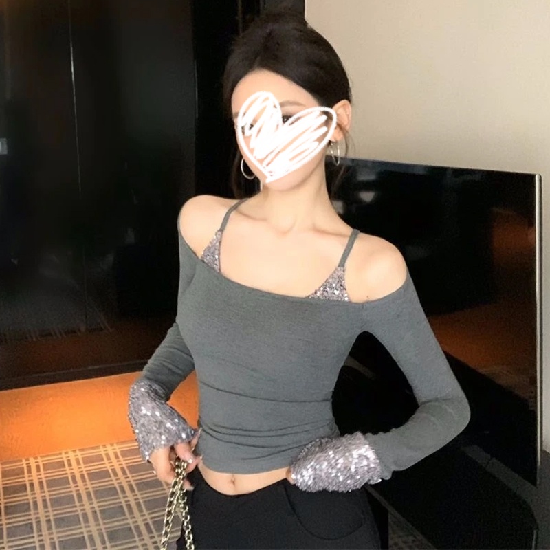 【运补6元】高级感辣妹风性感亮片内搭长袖T恤女秋冬打底衫加绒上衣