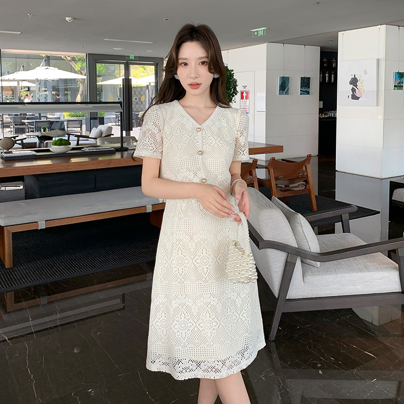 奢姿【花漾月光】大码女装2025夏季V领连衣裙胖妹妹假两件拼接裙子