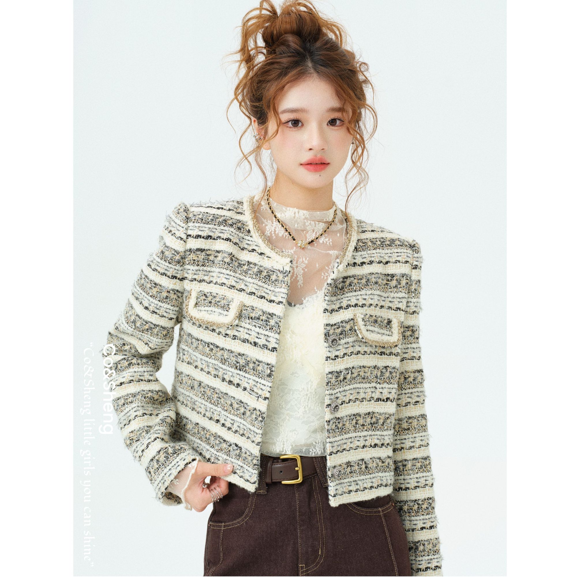 暖奢织廓/co&sheng小个子长袖小香风外套短款设计法式开衫圆领