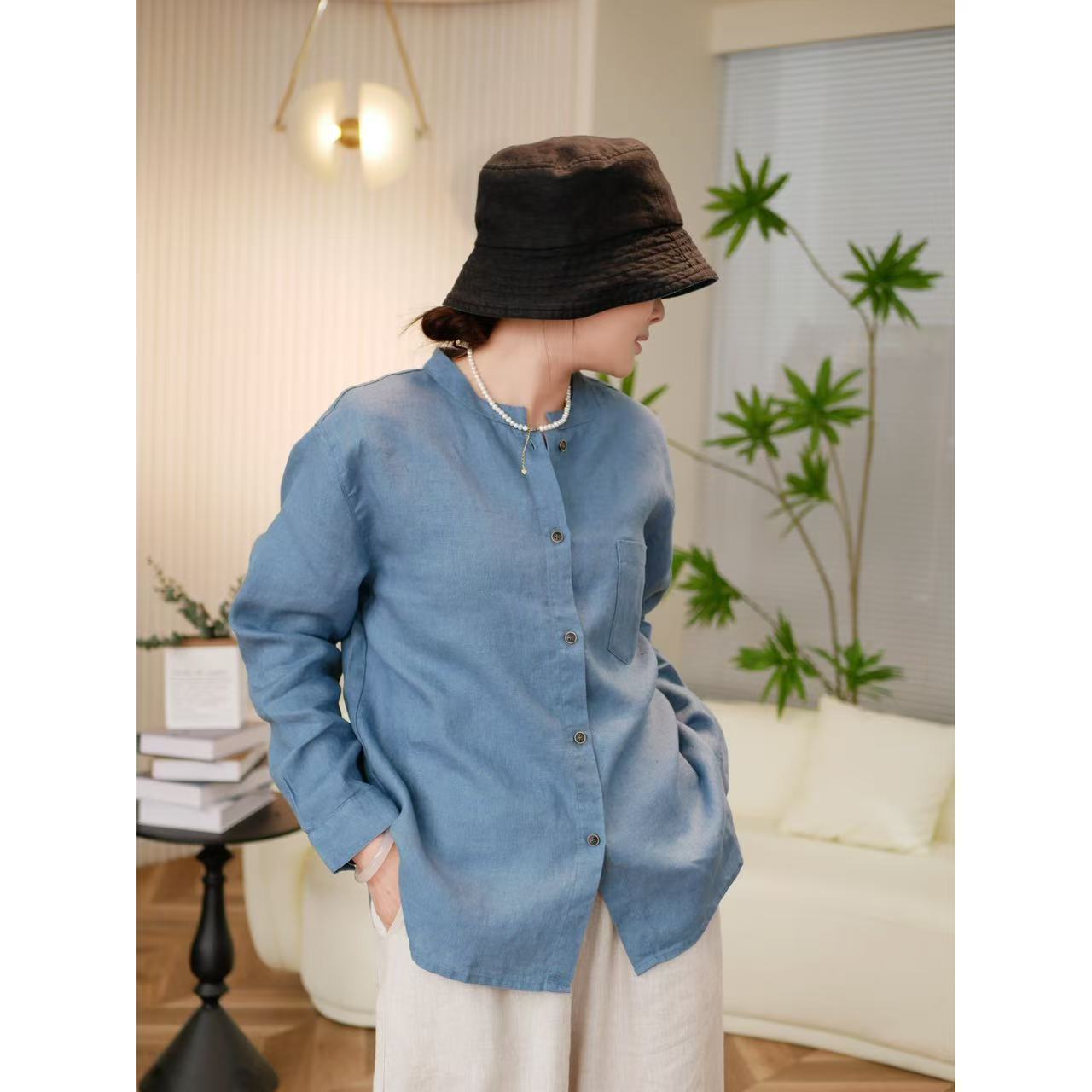 福禧·爱尼春季新款时尚百搭纯色立领圆摆长袖亚麻衬衫1040