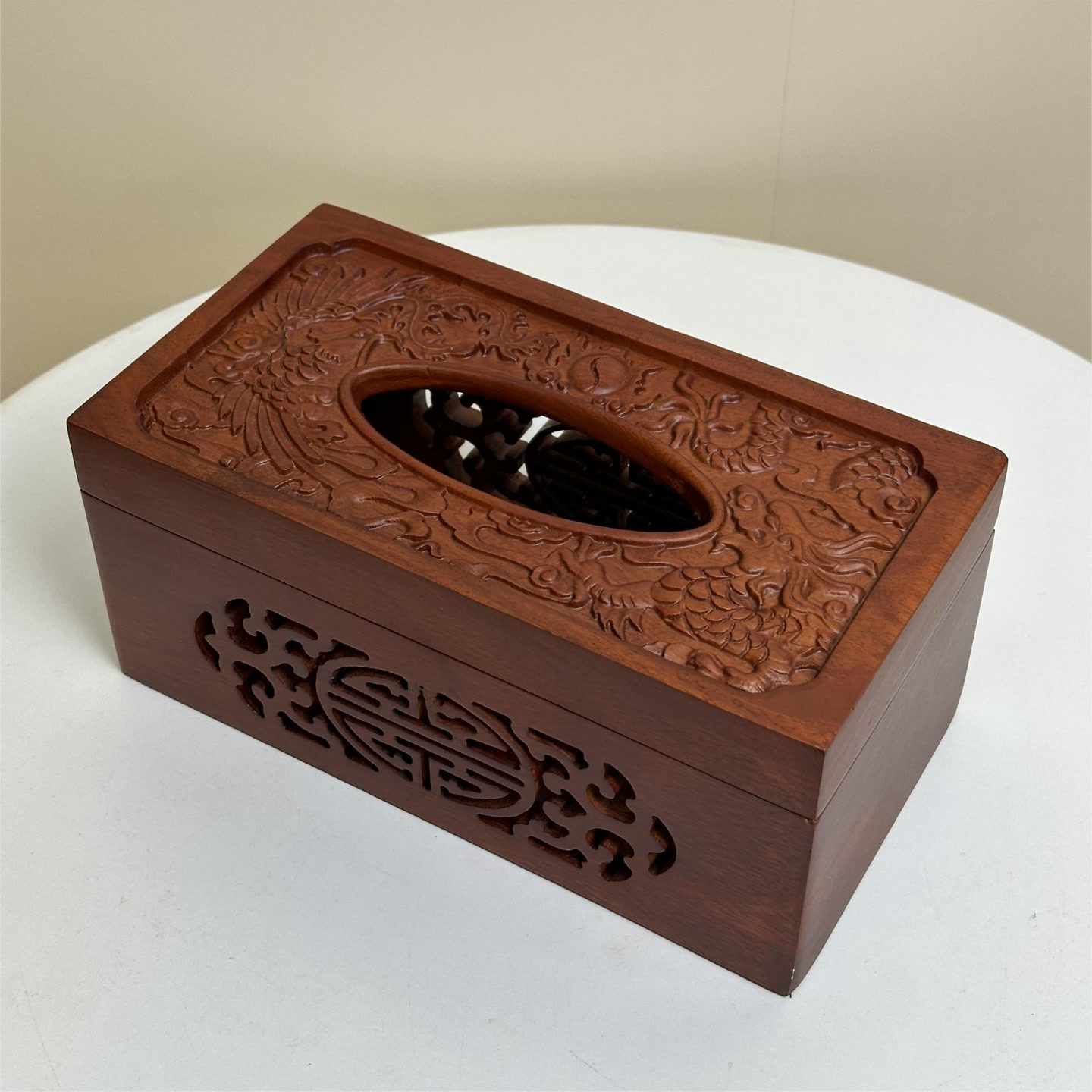 实木客厅茶几抽纸盒复古红木中式创意餐雕刻龙凤纸巾盒22*12*10cm