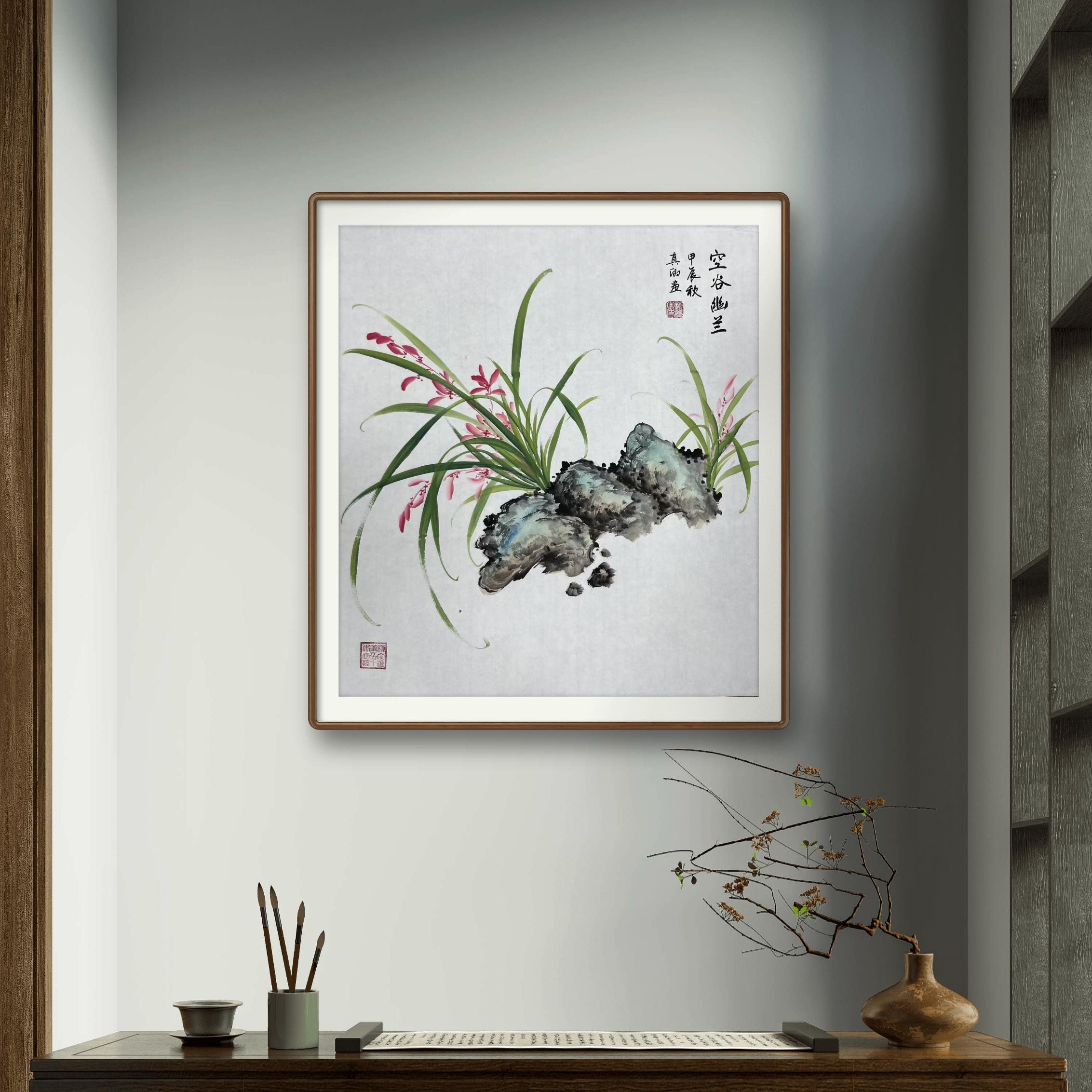 《空谷幽兰》柳真卿纯手绘画画50*50cm未装裱（框是效果图）