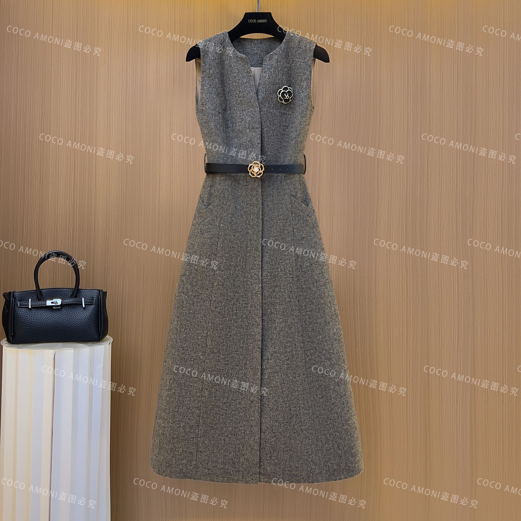 秋冬法式设计师爆款女装拼接收腰显瘦气质连衣裙WXH1025