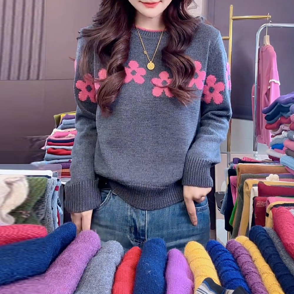 冬季打底针织衫香风花花设计常规圆领宽松型常规款女新款时尚毛衣