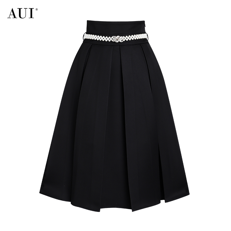 【AUI】AUI黑色赫本风高腰显瘦半身裙气质修身大摆裙LD-24W146650