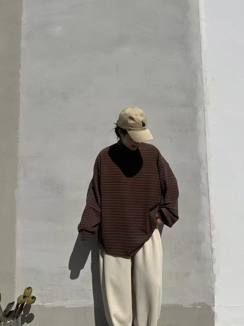 内搭条纹圆领8677-2T恤宽松ins复古冬季打底衫日系时尚秋冬潮流