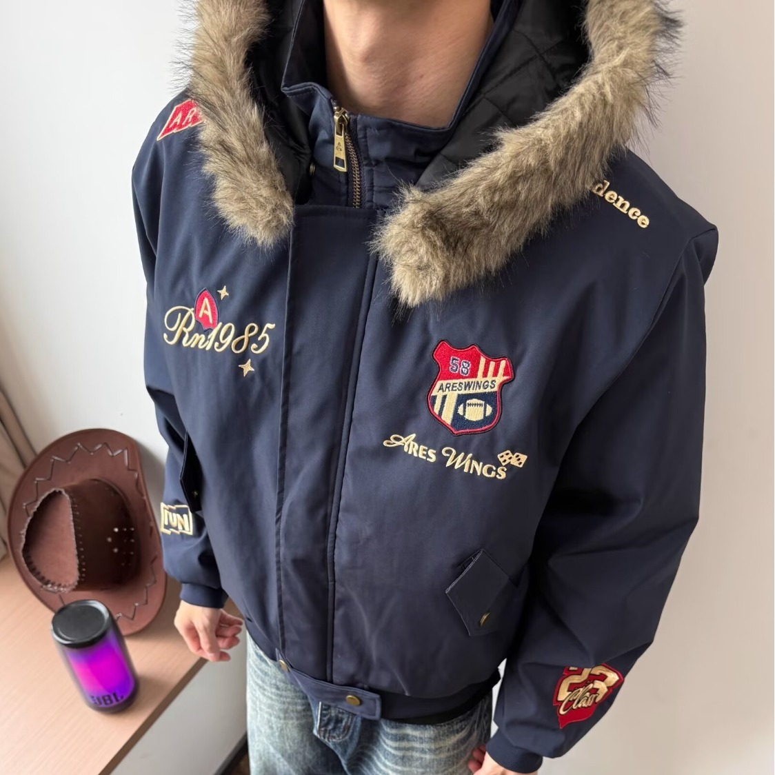 美式hiphop飞行夹克座山雕刺绣棒球服加厚拆卸连帽情侣冬季外套潮