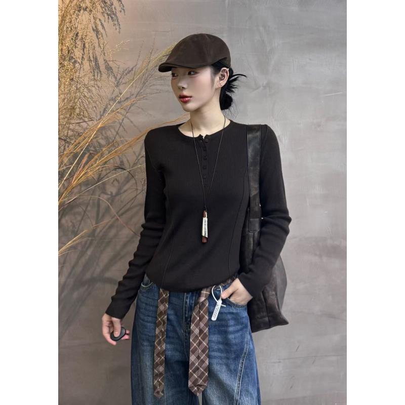 398#秋冬新款基础打底收腰显瘦亨利领方扣长袖竖坑条打底衫
