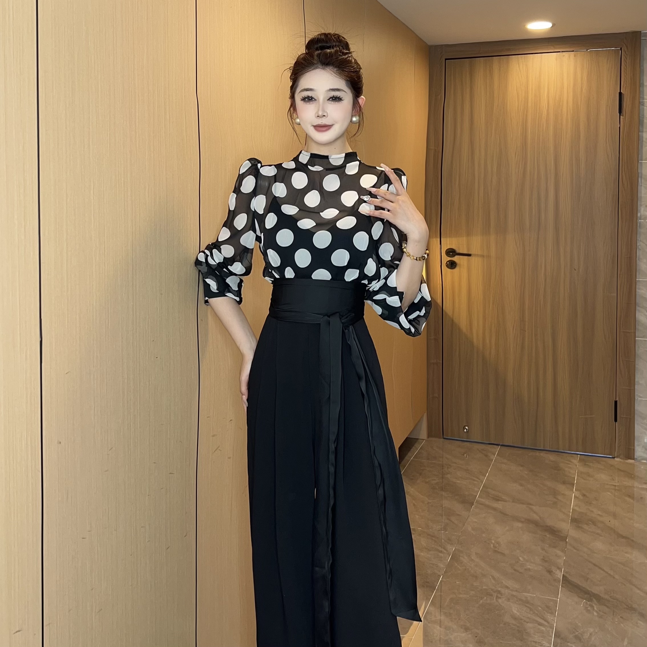 【MD原创·宵夜】2025春季气质时尚休闲百搭简约阔腿圆领波点连体裤