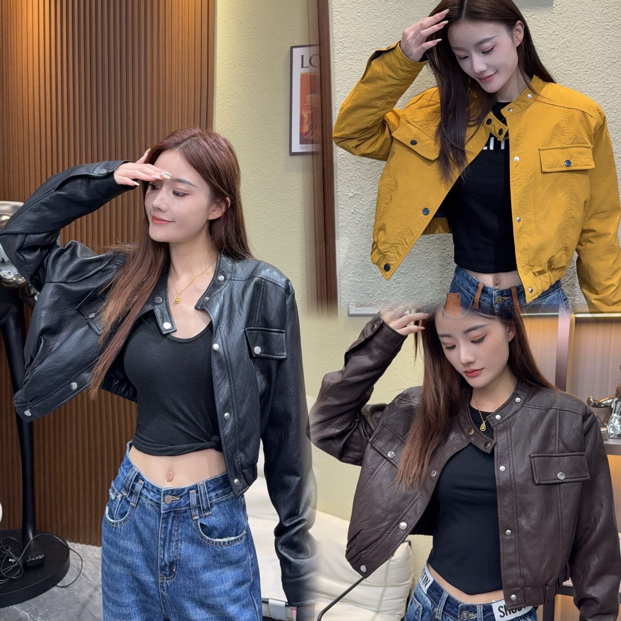 2025秋冬季新复古港风长袖夹克机车立领pu皮高腰高品质皮衣短外套