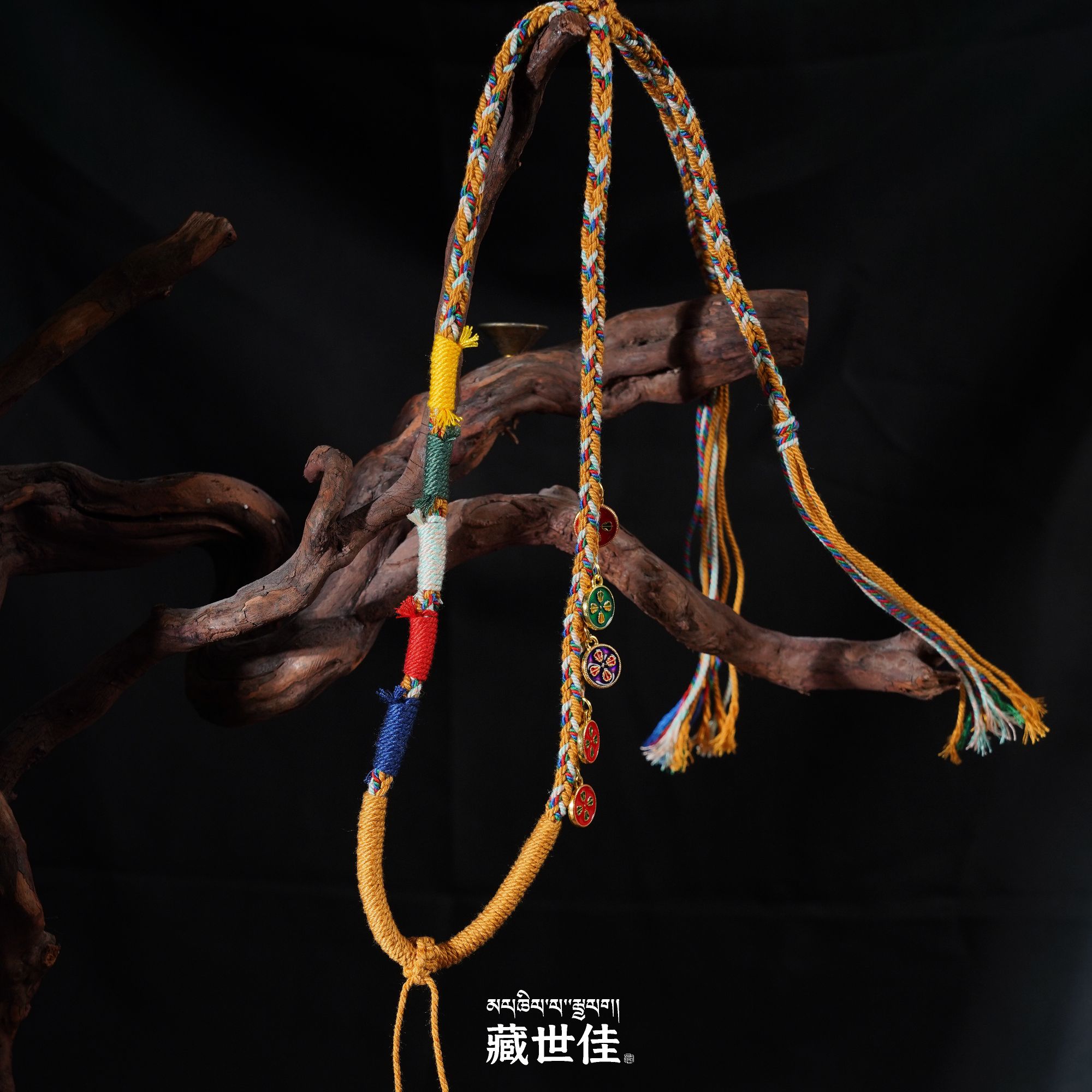 藏世佳 非金属棉绳项链 藏式手搓棉绳绕线可调节五路财神项链挂脖