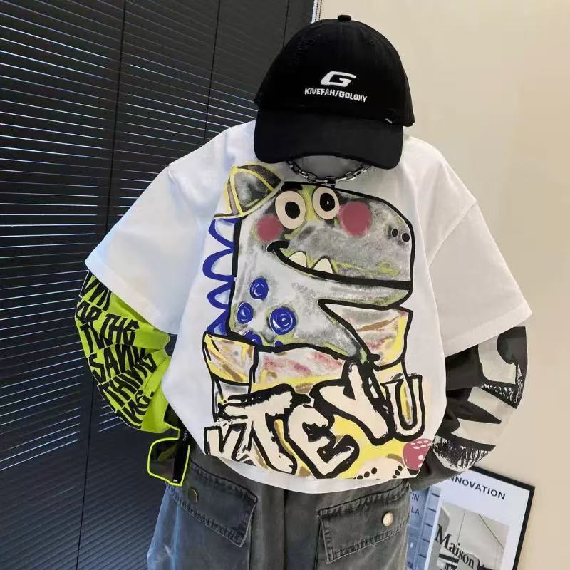男童春季潮牌卡通恐龙假两件上衣春秋新款儿童拼色酷帅长袖打底衫
