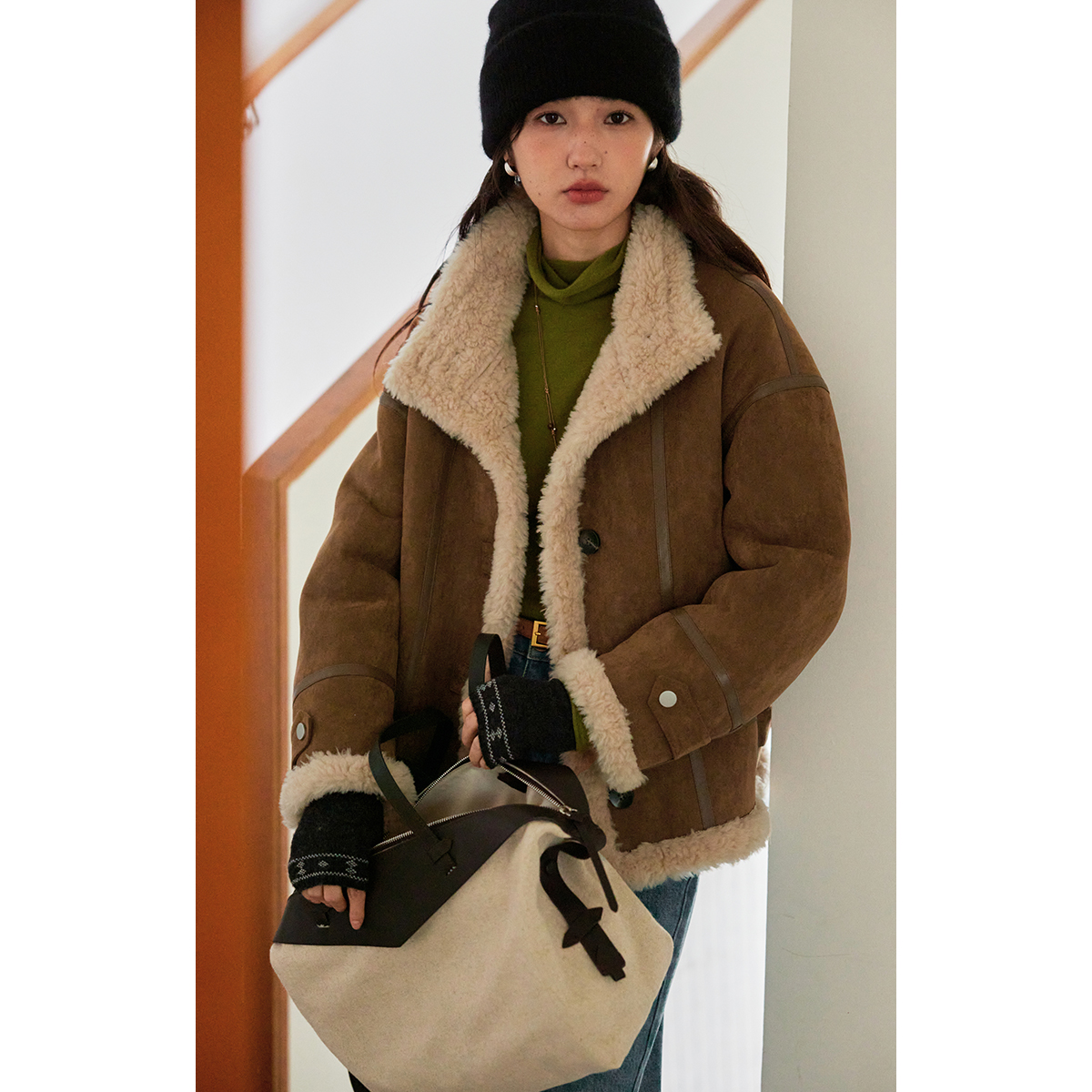 solighter 100%羊毛立领皮毛一体夹克外套5I1111W26X2