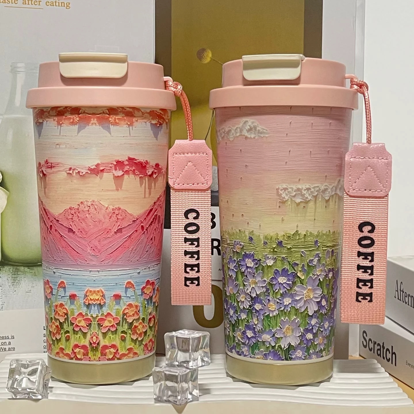 新款可爱粉色系咖啡杯316双饮口设计水杯夏季保冰保温儿童保温杯