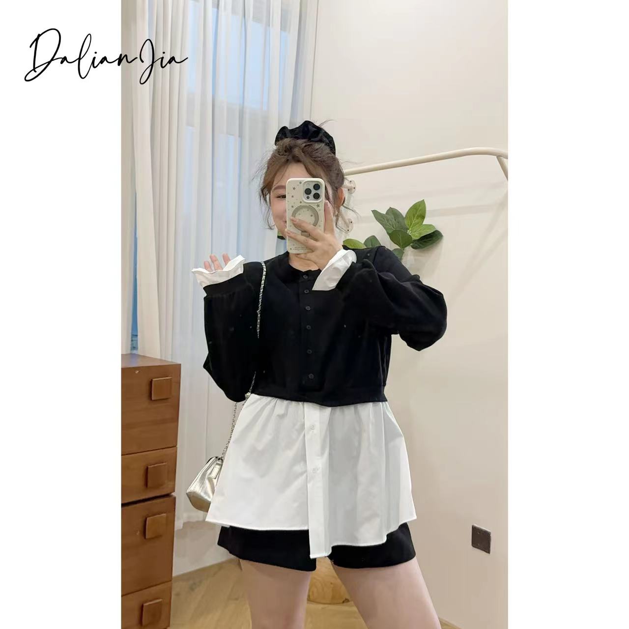 晶咕晶咕【云柔舒适】拼边设计感显高长袖上衣+全腰松紧舒适短裤