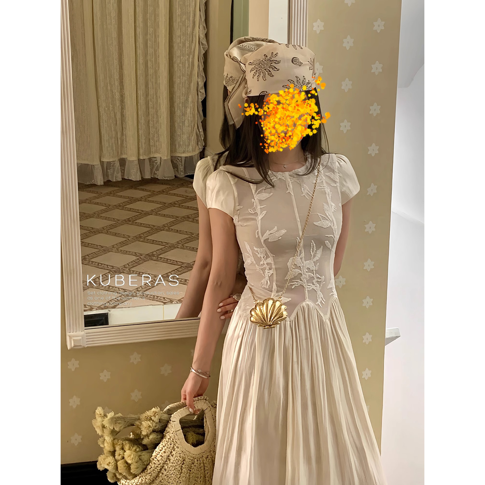 Yoo高级感植绒网纱拼接长款收腰短袖连衣裙法式气质A字长裙夏季感