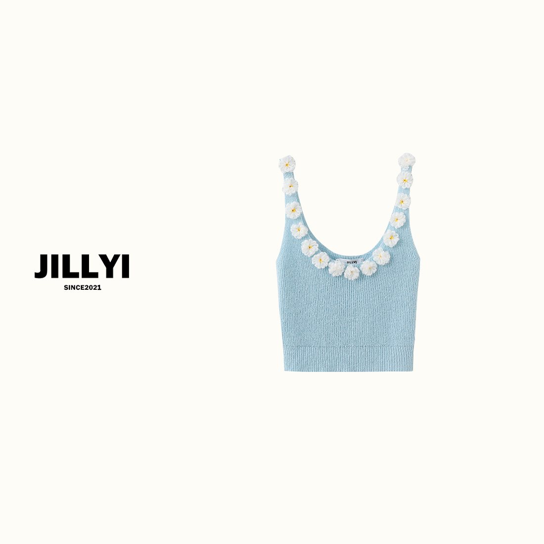 JILLYI南山店【花未眠】天蓝色领口手缝小花朵清新时尚针织吊带背心