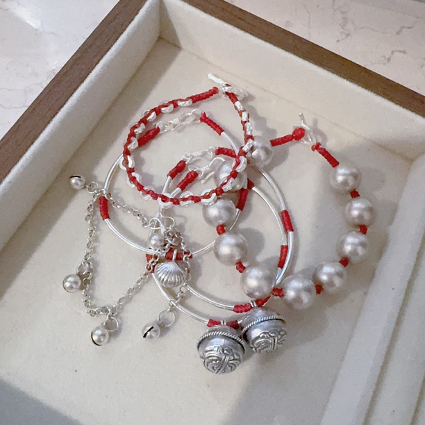 925银布艺手链 子沫原创 显白红色手红编蜡线叶子弯管手链复古