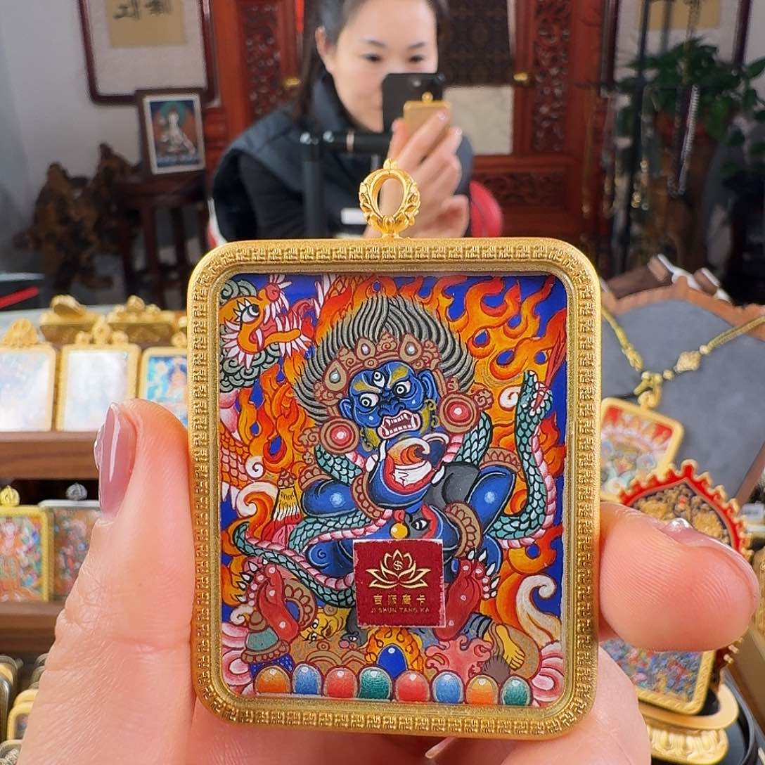 吊坠热贡纯手绘黑财神唐卡