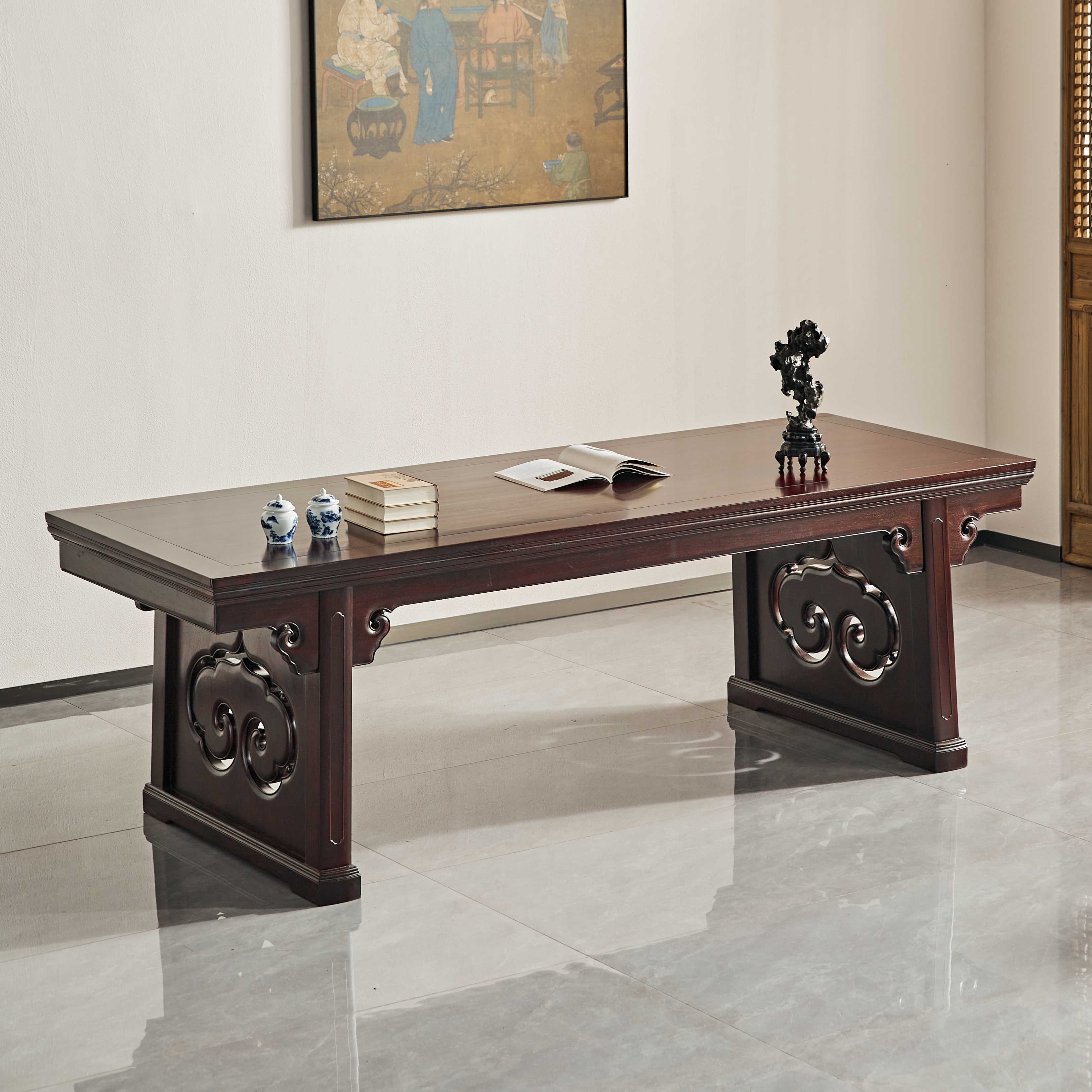 赞比亚血檀卷云纹画案桌中式书法桌画案办公写字台