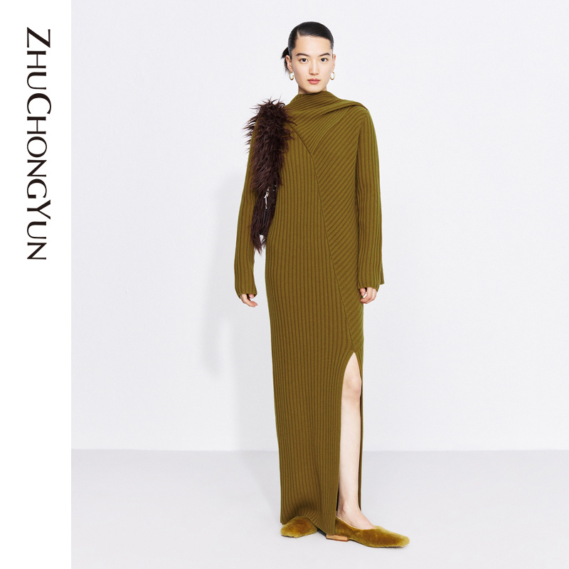ZHUCHONGYUN秋冬羊毛长款宽松慵懒气质小众针织连衣裙长裙