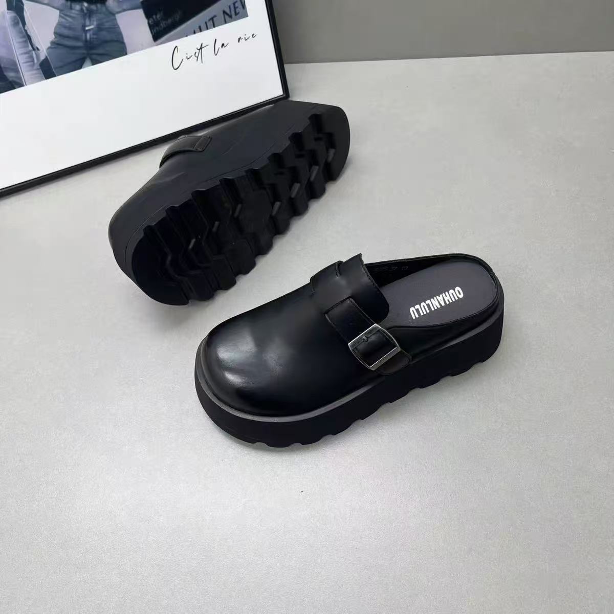 皮带扣防水台通用纯色皮带包头拖ins英伦风时尚软底8375