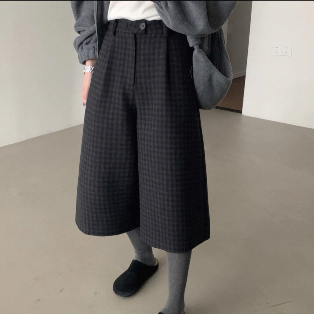 秋冬加厚格子毛呢阔腿裤女半松紧垂感宽松百搭显瘦经典款