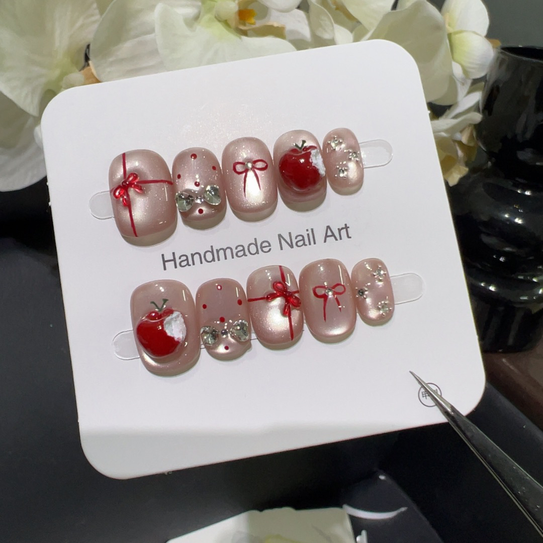 【平安果】秋冬立体红苹果蝴蝶结猫眼显白圣诞穿戴甲