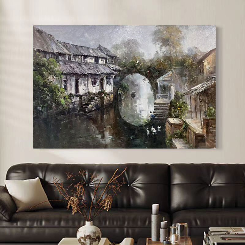 定金《水乡旧梦》80*120含内框，刘春建原创手绘油画，肌理装饰画挂画
