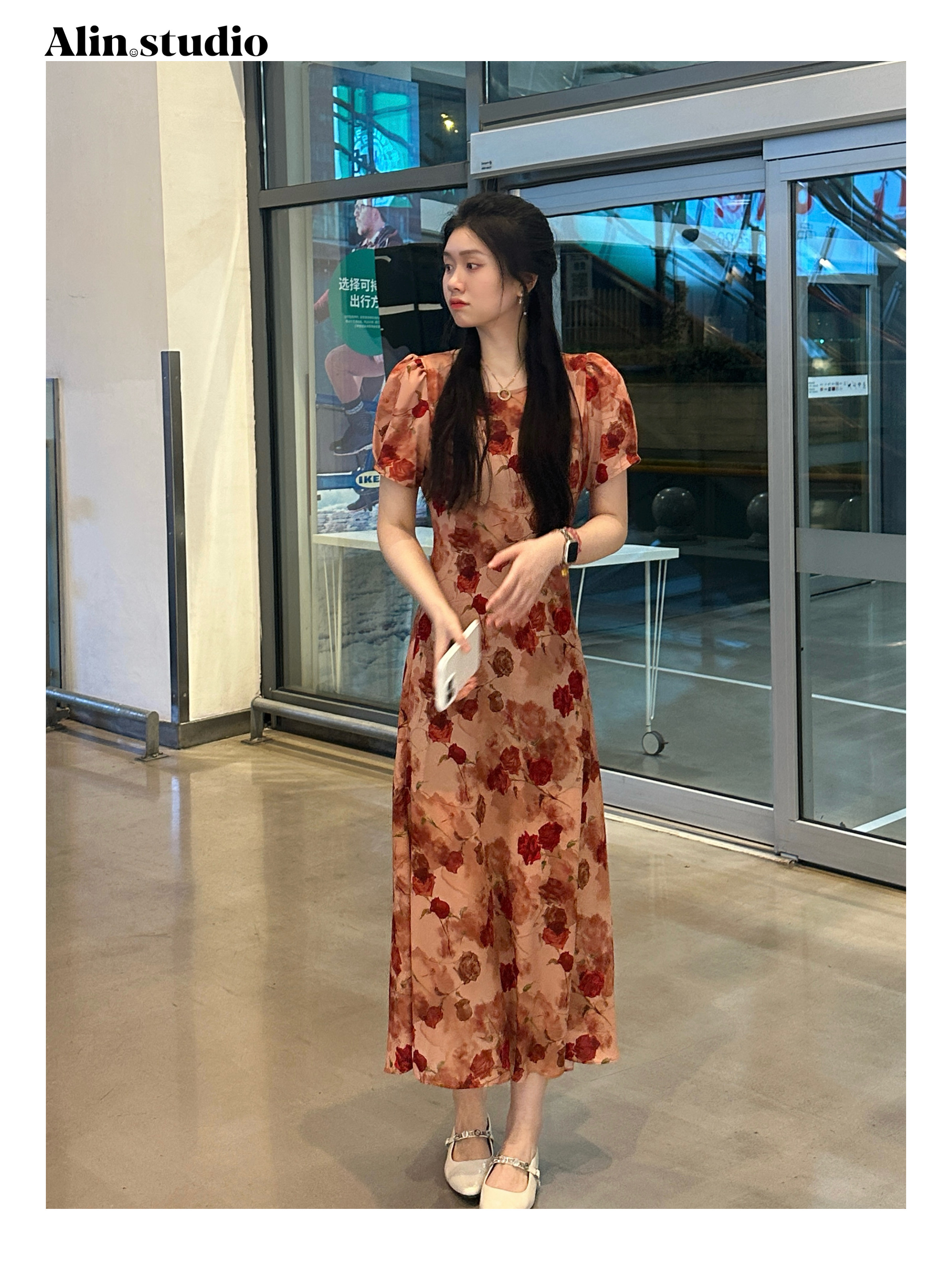 【Alin】玲珑～（没纽扣）45度斜裁显瘦法式气质时尚花卉收腰连衣裙