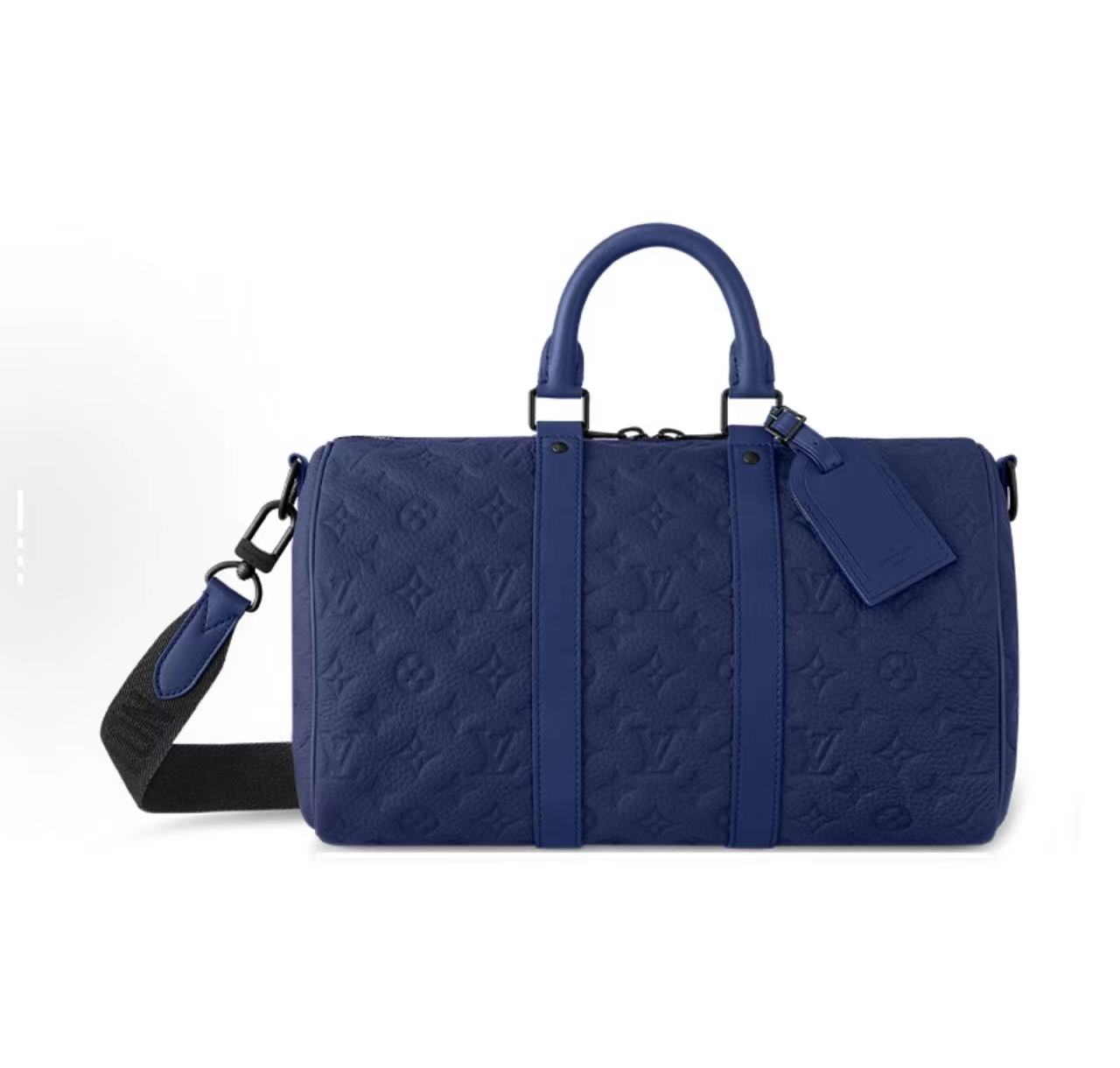 99新 LouisVuitton/路易威登 keepall35蓝色全皮压纹旅行袋斜挎包
