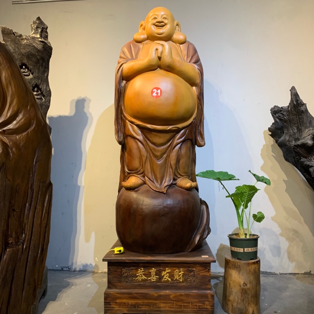 【超大抱拳弥勒】香樟木一木成型实心实木恭喜发财带底座