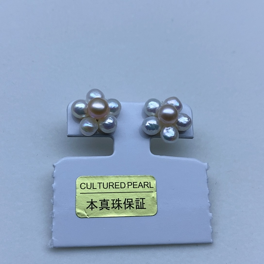 淡水珍珠耳钉银S925镶嵌红***波