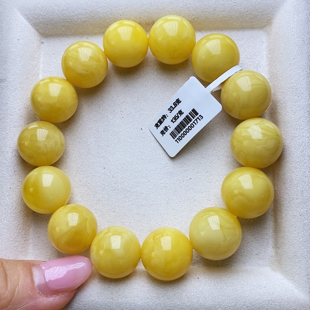 琥珀未镶嵌手链俄料浓蜡奶黄16+圆珠单圈