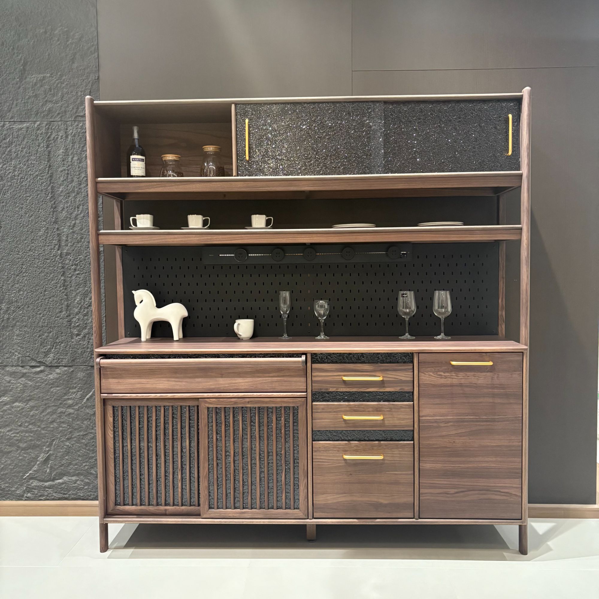 LD5206#实木餐边柜乌金木餐厅茶水柜洞洞板一体橱柜全实木储物柜