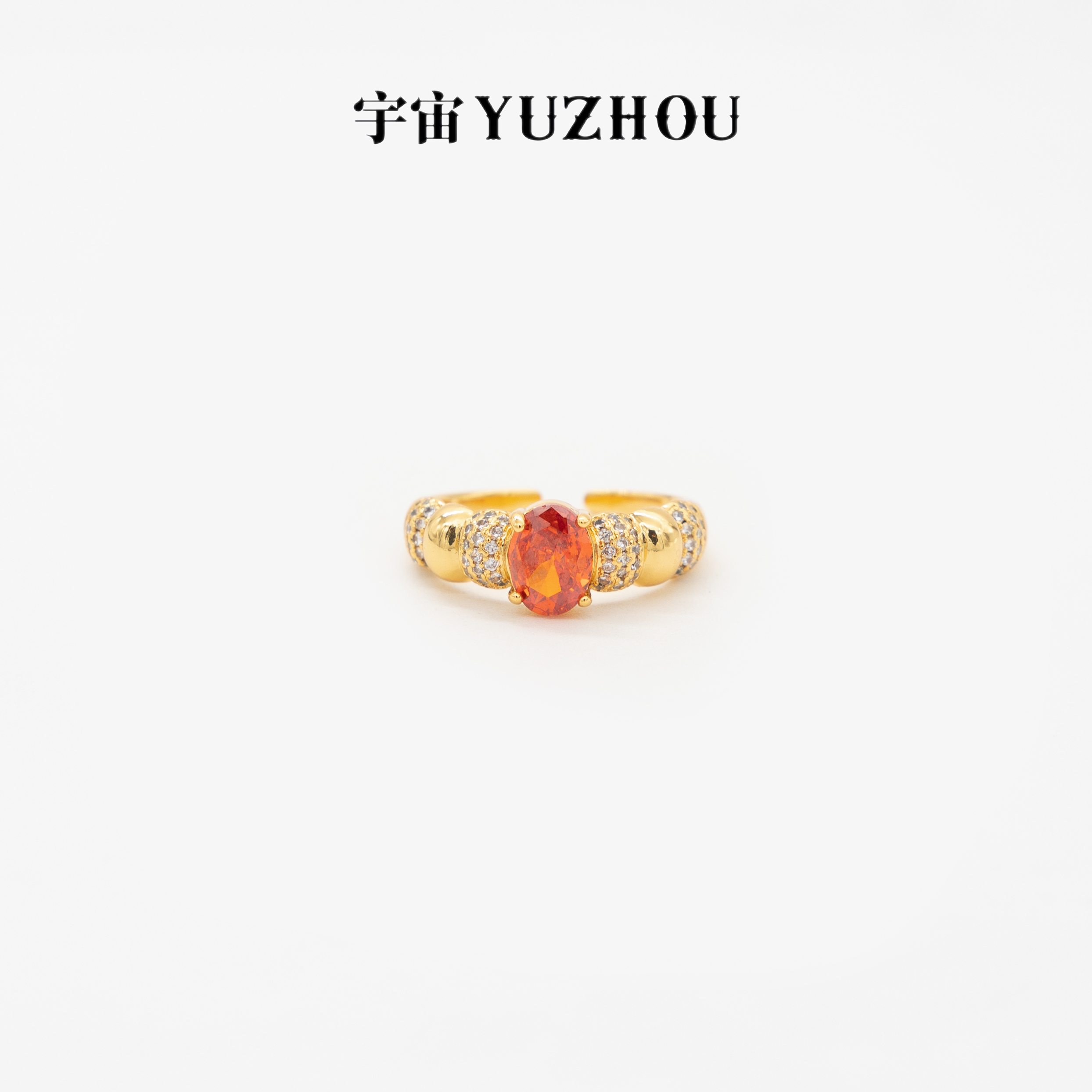 铜合金合成锆石戒指 铜合金戒指｜YUZHOU设计师款弧形镶钻螺纹戒指