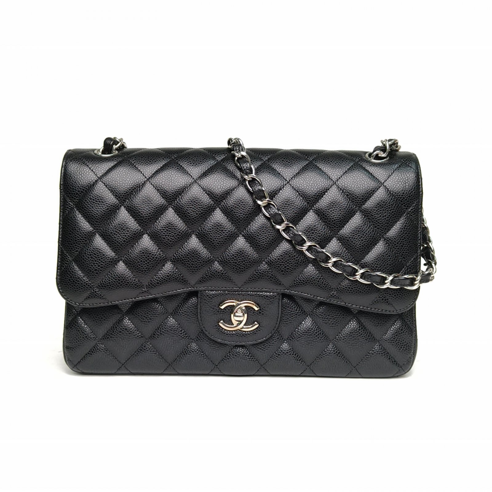 95新 Chanel/香奈儿 【黑黑】CF 口盖包JUMBO30荔枝皮革C14开