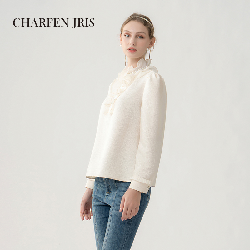 【达人专享】朝峰新款时尚优雅钉珠提花荷叶边衬衫FJE5D638-6060T