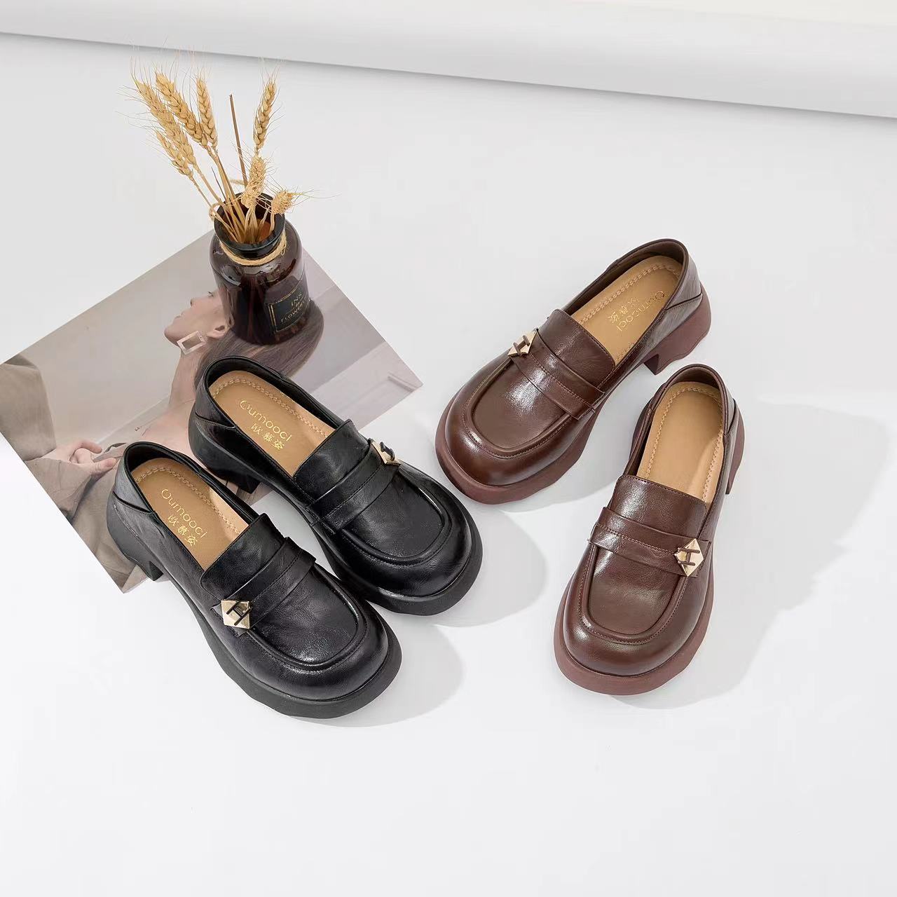 A013新款中跟舒适百搭边扣两穿乐福鞋