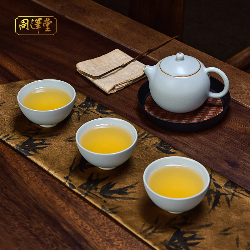 周泽堂天青汝窑茶壶套装景德镇陶瓷手工复古开片可养西施鸡心套组