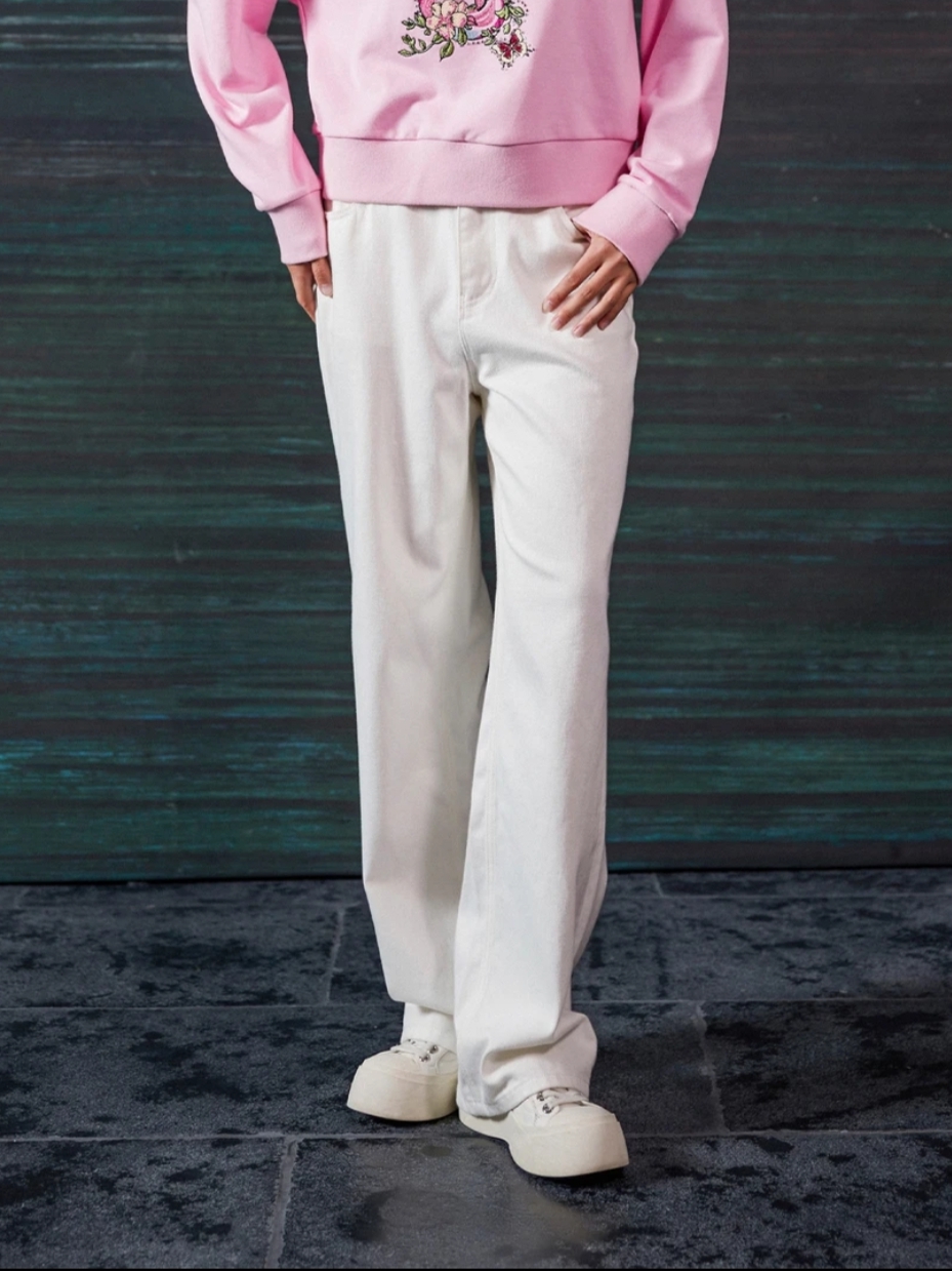 H103314234白色水洗牛仔裤直筒裤春季休闲裤宽松简约时尚百搭