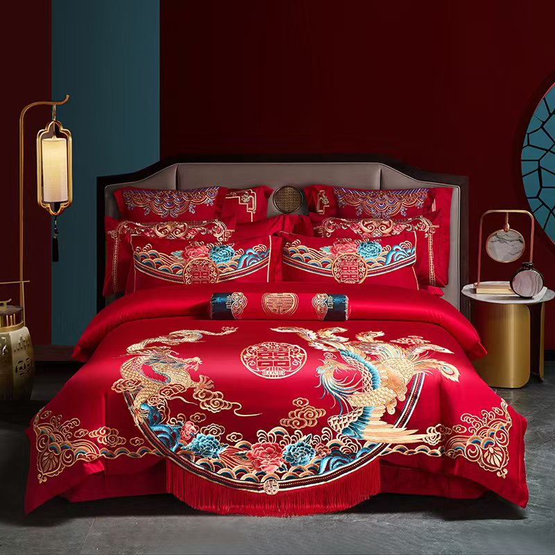 喜洋洋2025款 120支大红中国红龙凤婚庆刺绣款斜纹棉四件套