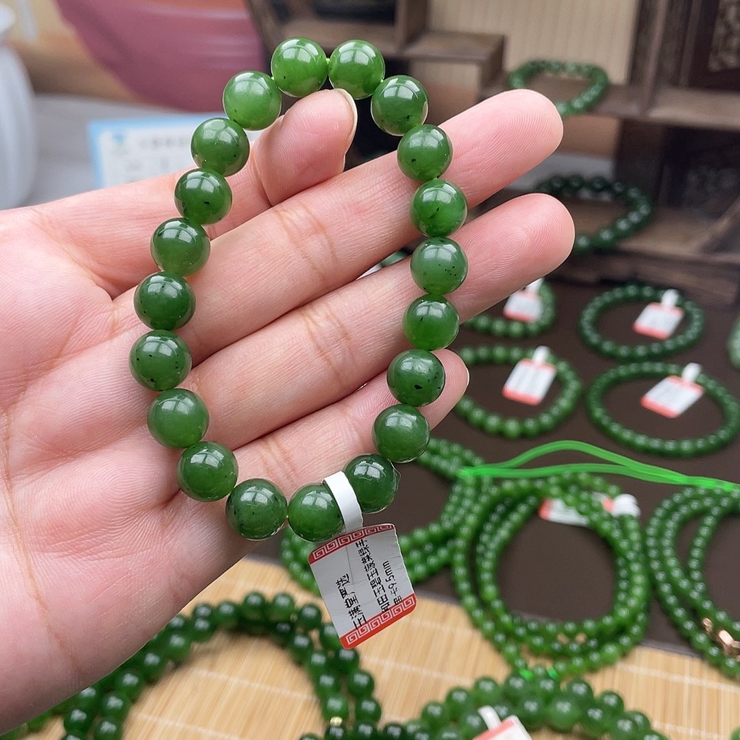 和田玉未镶嵌手链菠菜绿卡9.5